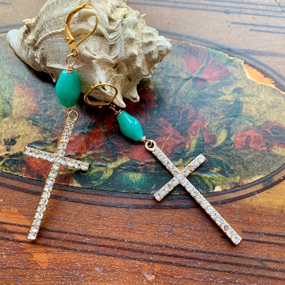 Handmade Crystal & Vint. Aqua Glass Bead Earrings - Picture 1 of 11